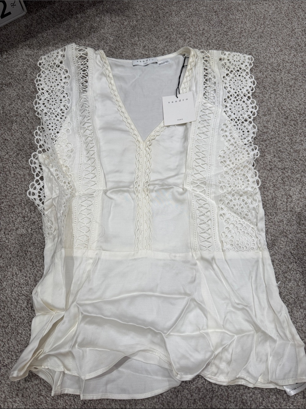 Sandro Cream Lace-Trim Sleeveless Top